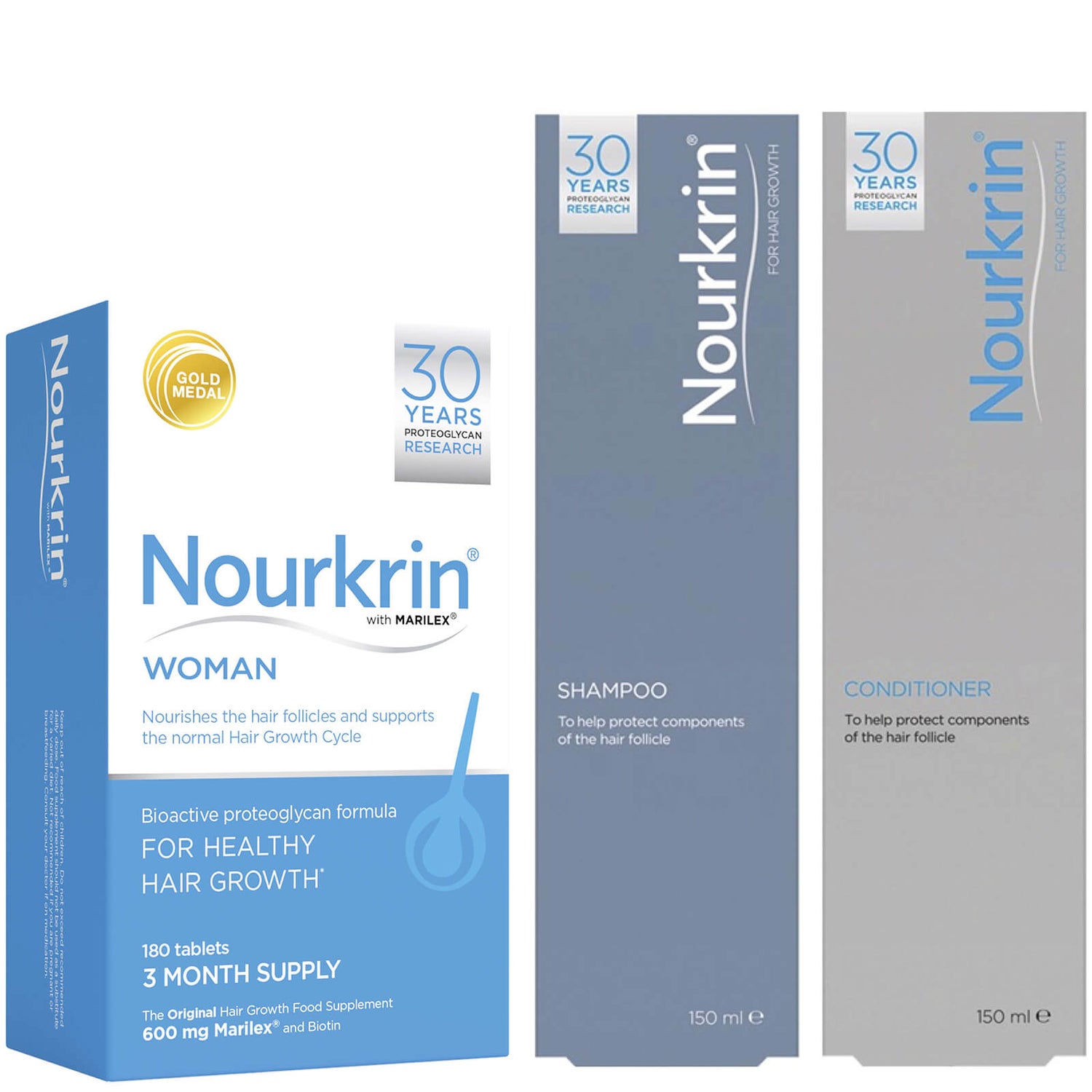 Nourkrin 女性生发超值套装 | 含 180 片营养补充剂 洗发水和护发素 2x150ml