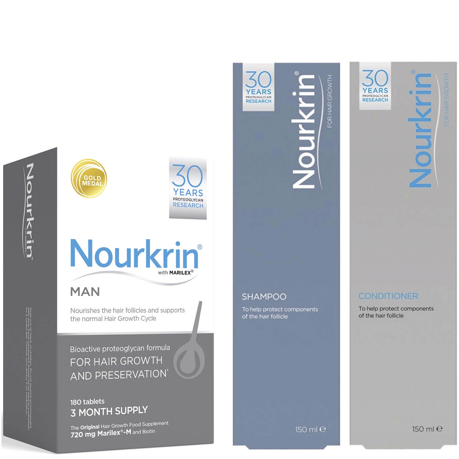 Nourkrin 男性生发超值套装 | 含 180 片营养补充剂 洗发水和护发素 2x150ml