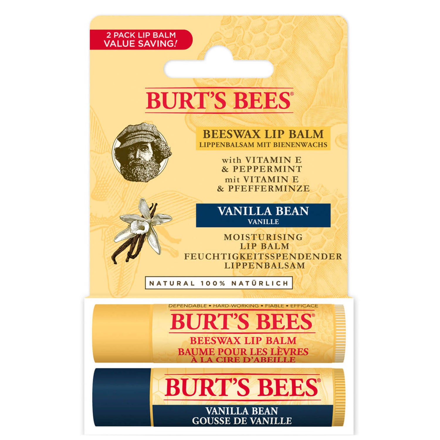 美国小蜜蜂蜂蜡 + 香草豆润唇膏两件套