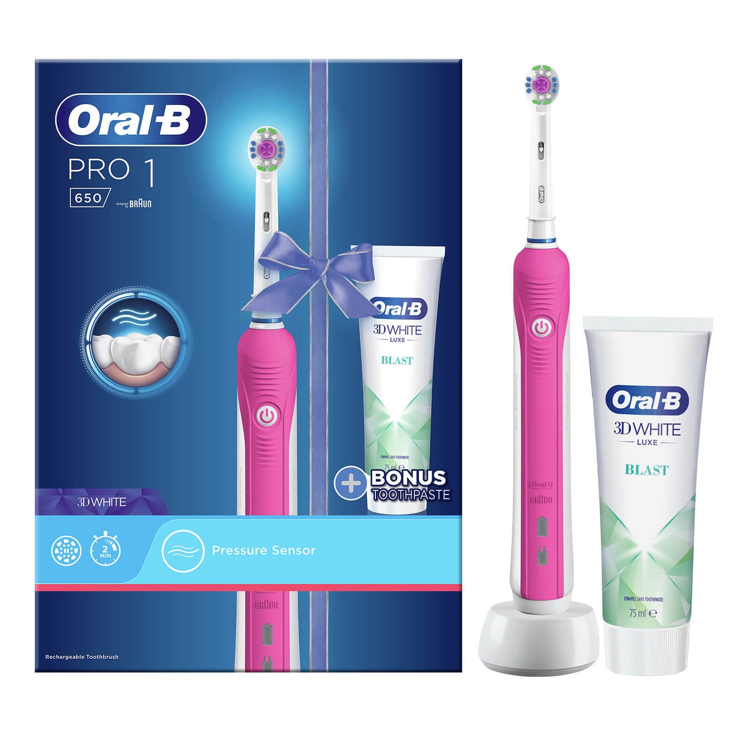 Oral B Pro 1 650 Electric Toothbrush and Toothpaste - Pink