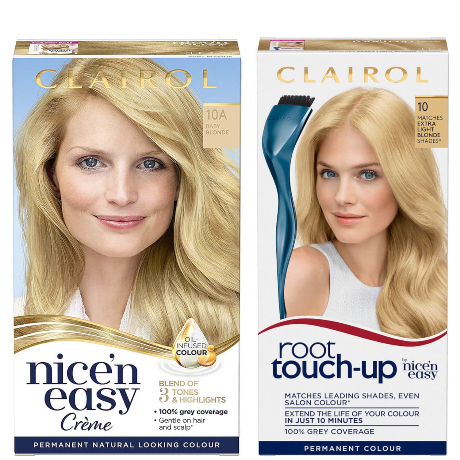 Clairol Root Touch-Up 10 Extra Light Blonde x Nice'n Easy Permanent 10A 婴儿金发套装