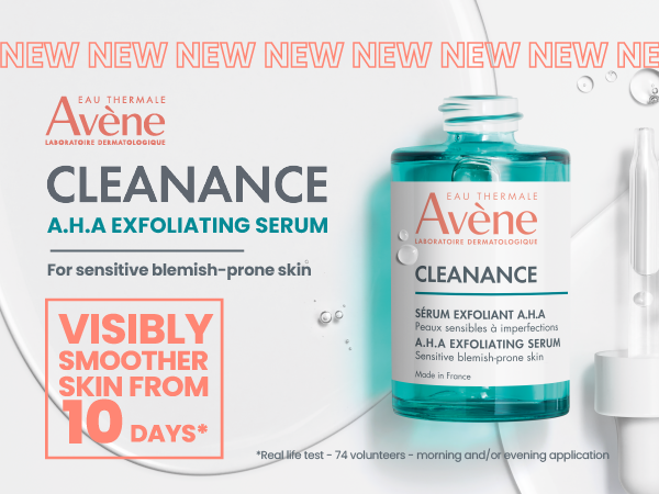 Top banner. Avene. NEW. Cleanance. A.H.A Exfoliating serum. for sensitive and blemish-prone skin. Visibly smoother skin from 10 days. *real life test- 74 volunteers - morning and/or evening application.